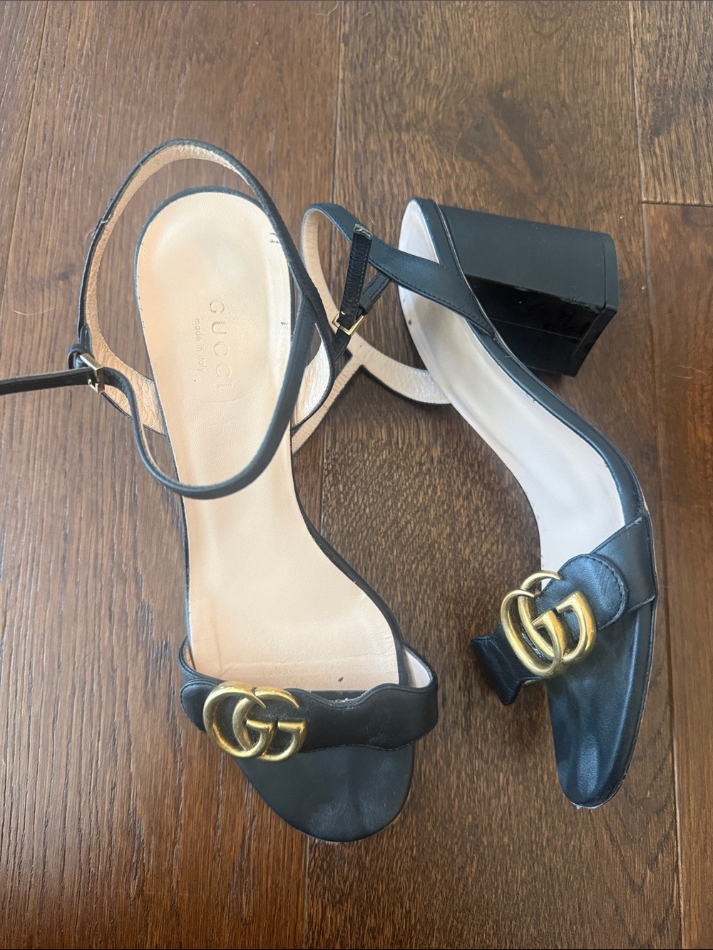 Gucci Black Leather Block Heel Sandals with Gold Double G